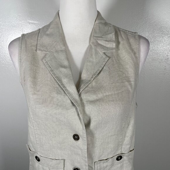 Christopher & Banks Vest Women's 6 Beige Linen Pockets Notch Lapel Button Front - Picture 3 of 15